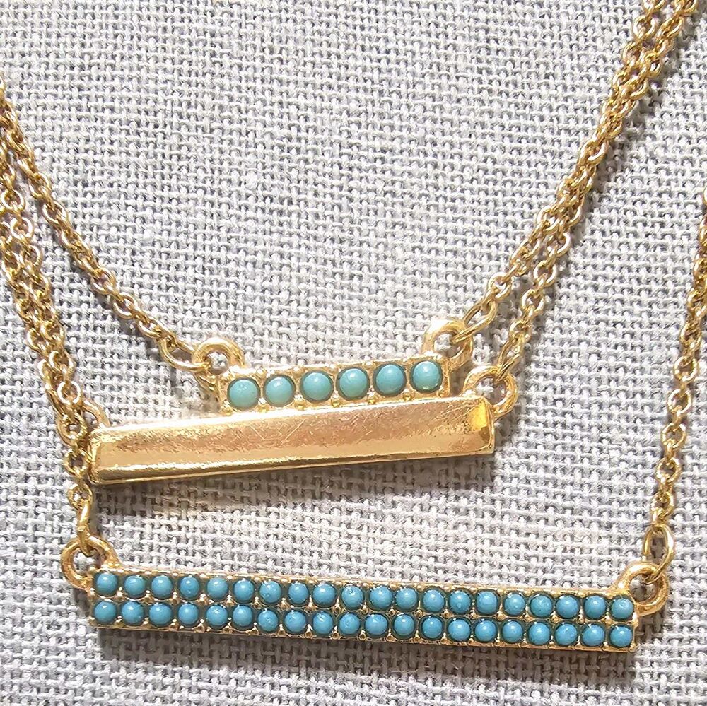 Gold Tone Layered Multi Strand Bar Pendant Necklace Blue Beads Adjustable